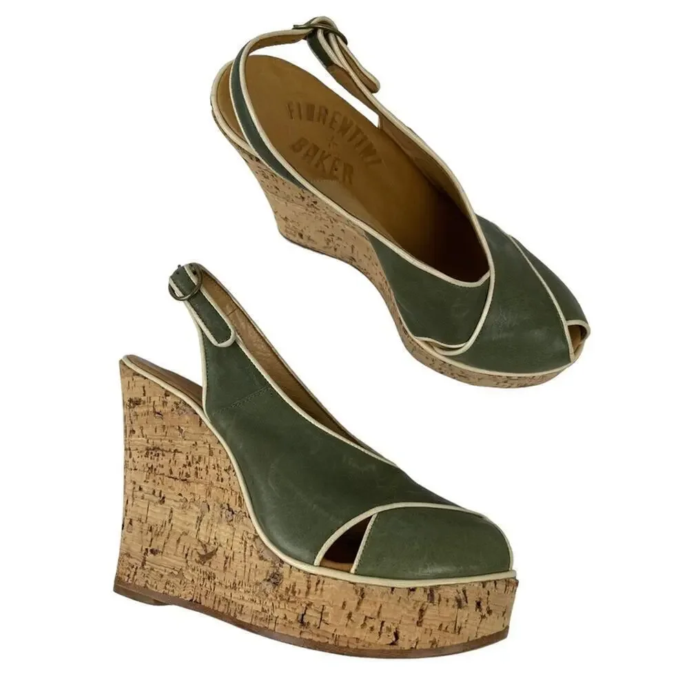 Fiorentini Baker Platform Cork Wedge Ankle Strap Green Leather Peep Toe Sandals